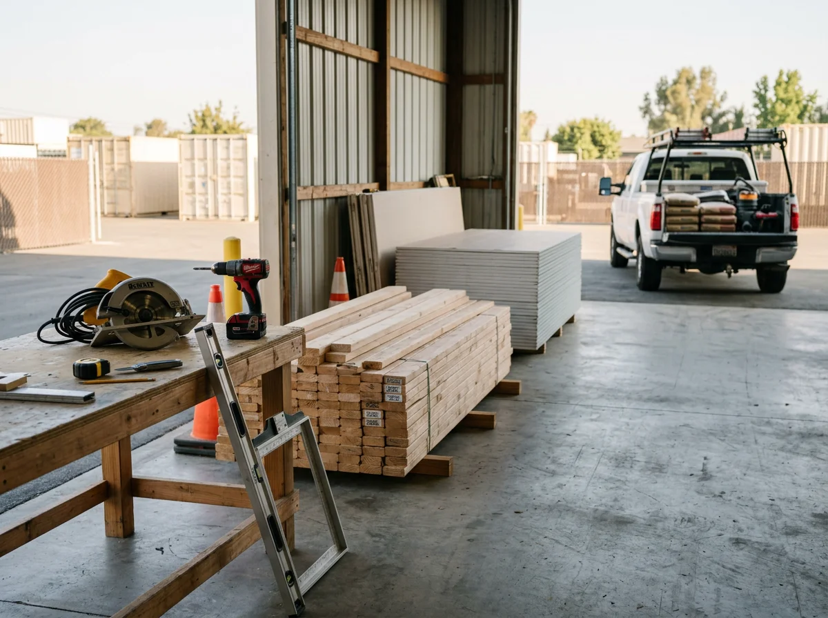 Construction site with framing materials, tools, and equipment ready for a residential remodeling project.