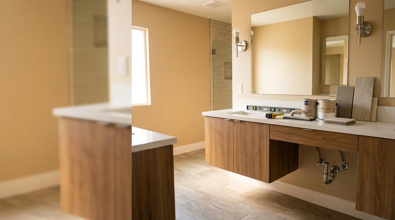 Newly remodeled bathroom with updated fixtures and tile in a Riverside County home.