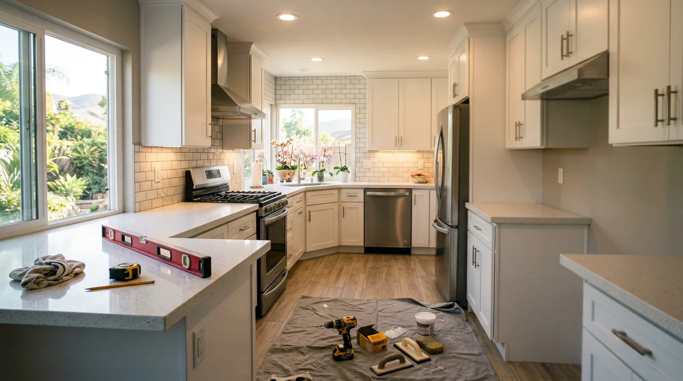 Modern kitchen remodel with new cabinets and countertops in a Corona home.