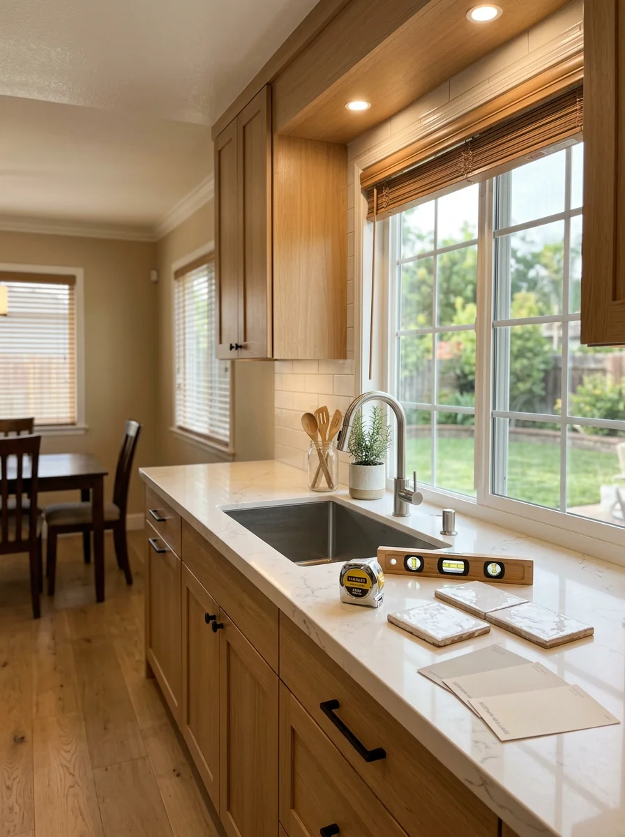 A remodeled kitchen interior in a late-1980s Corona tract home showing new cabinetry, quartz countertops, and updated recessed lighting.