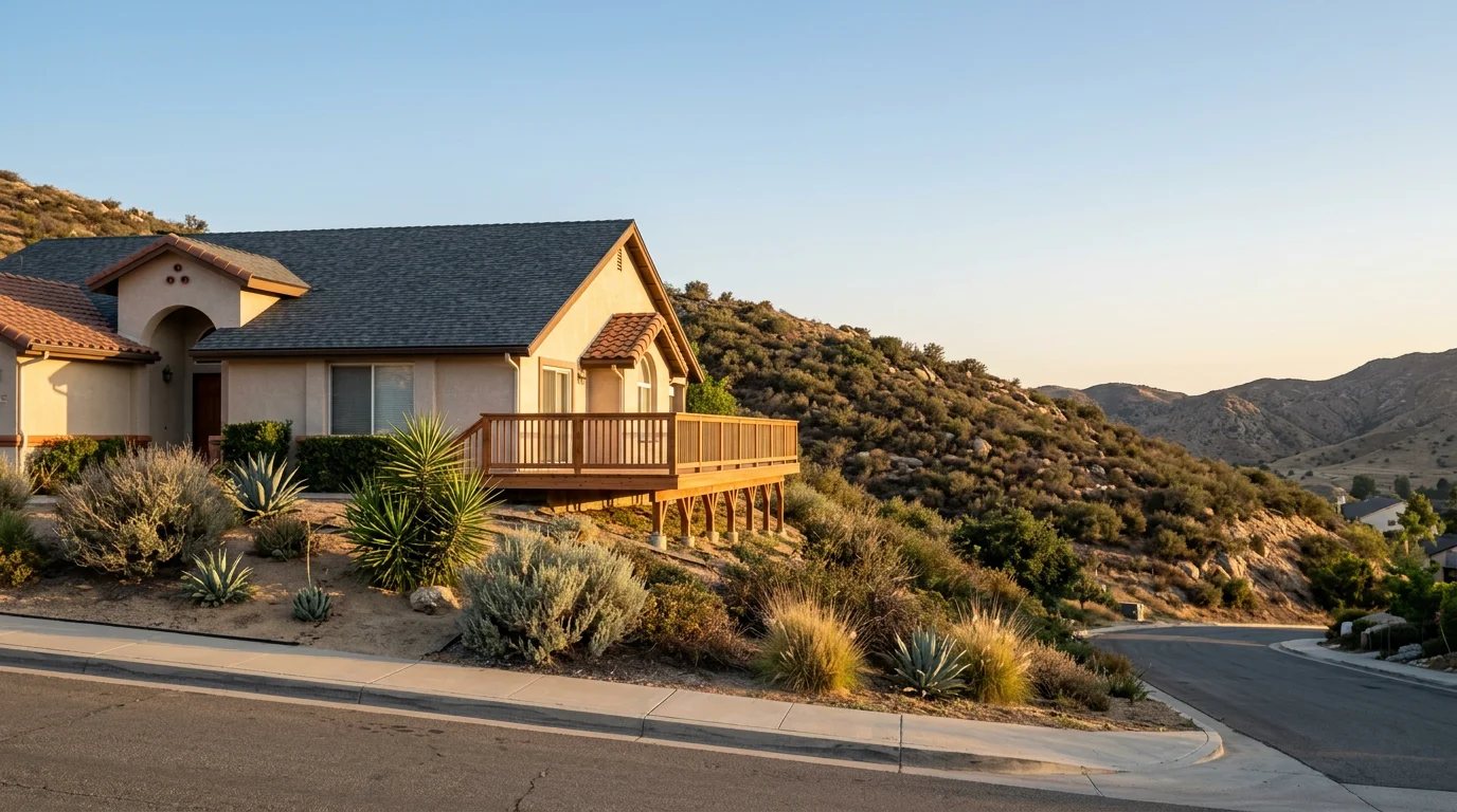 A single-family home in a South Corona hillside neighborhood with a freshly installed composition shingle roof and new wood deck visible from the street.