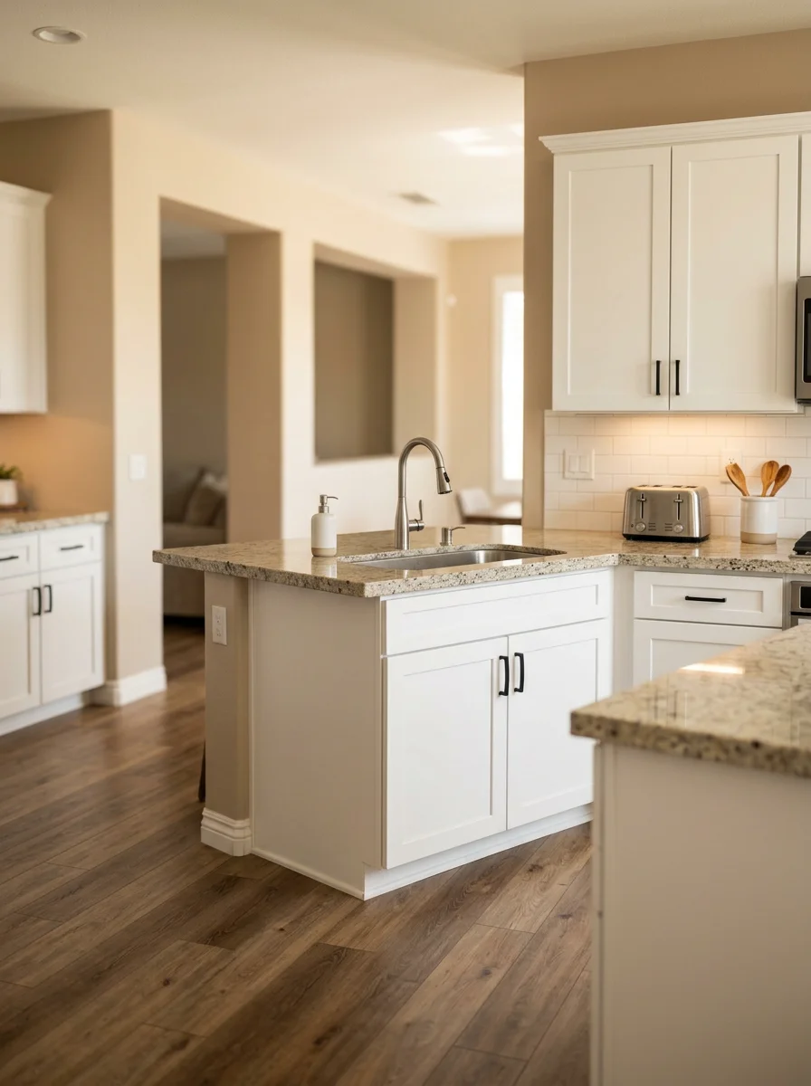 A remodeled kitchen in a post-2000 Lake Elsinore tract home with updated cabinetry, new countertops, and fresh flooring replacing the original builder-grade finishes.