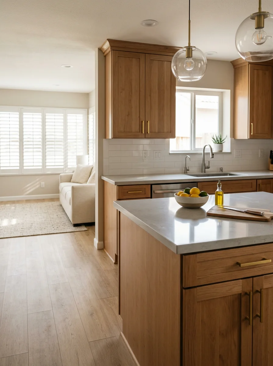 A remodeled kitchen in a Sun City Menifee home with new cabinetry, updated countertops, and luxury vinyl plank flooring replacing the original builder-grade tile.