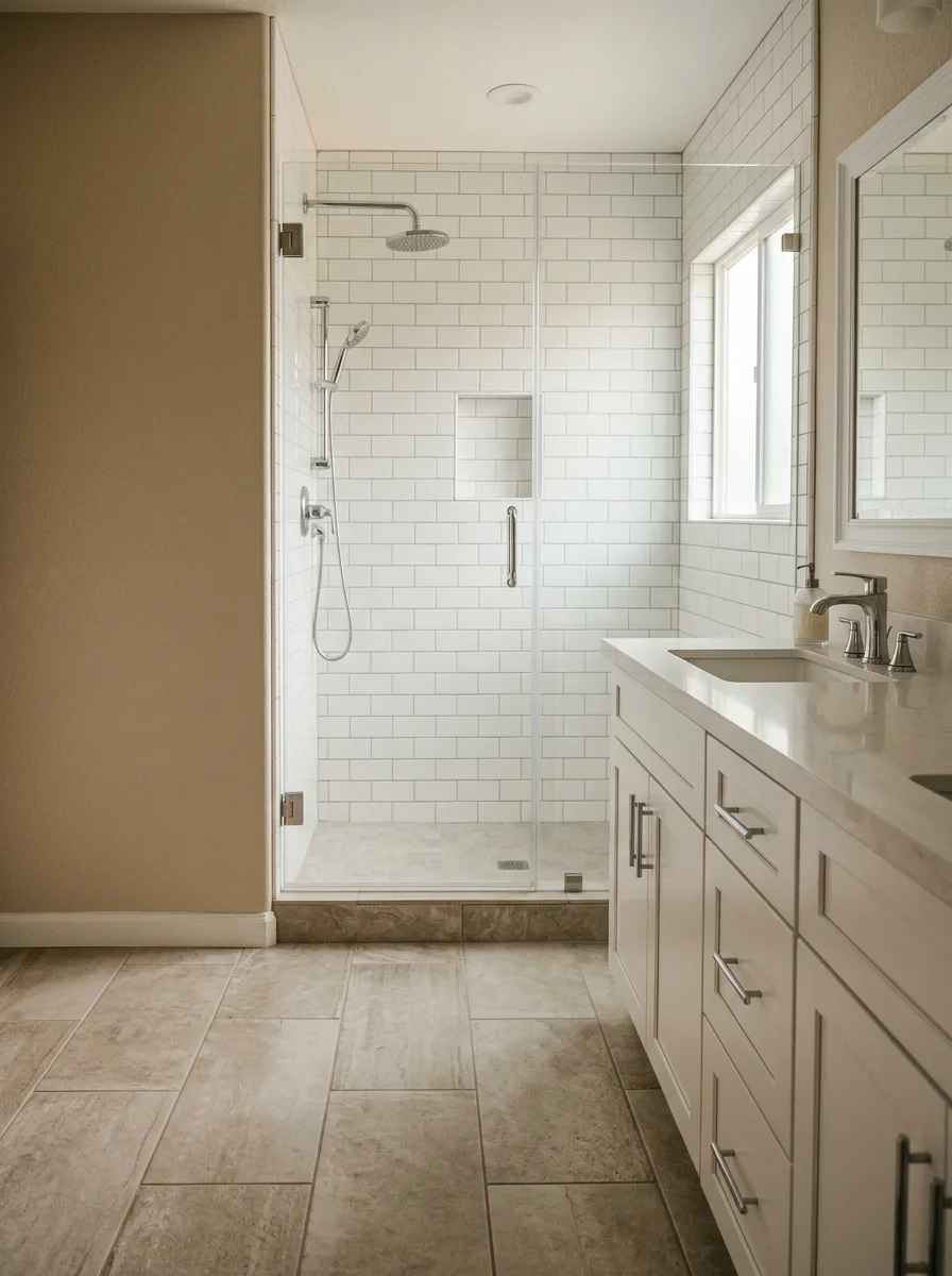 A remodeled bathroom in a 1990s Moreno Valley home with new tile flooring, updated vanity cabinetry, and a tiled walk-in shower replacing the original tub surround.