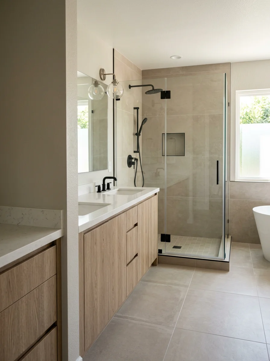 A remodeled primary bathroom in a 1980s Yorba Linda home with new tile flooring, a frameless walk-in shower, and updated double-sink vanity replacing the original builder fixtures.