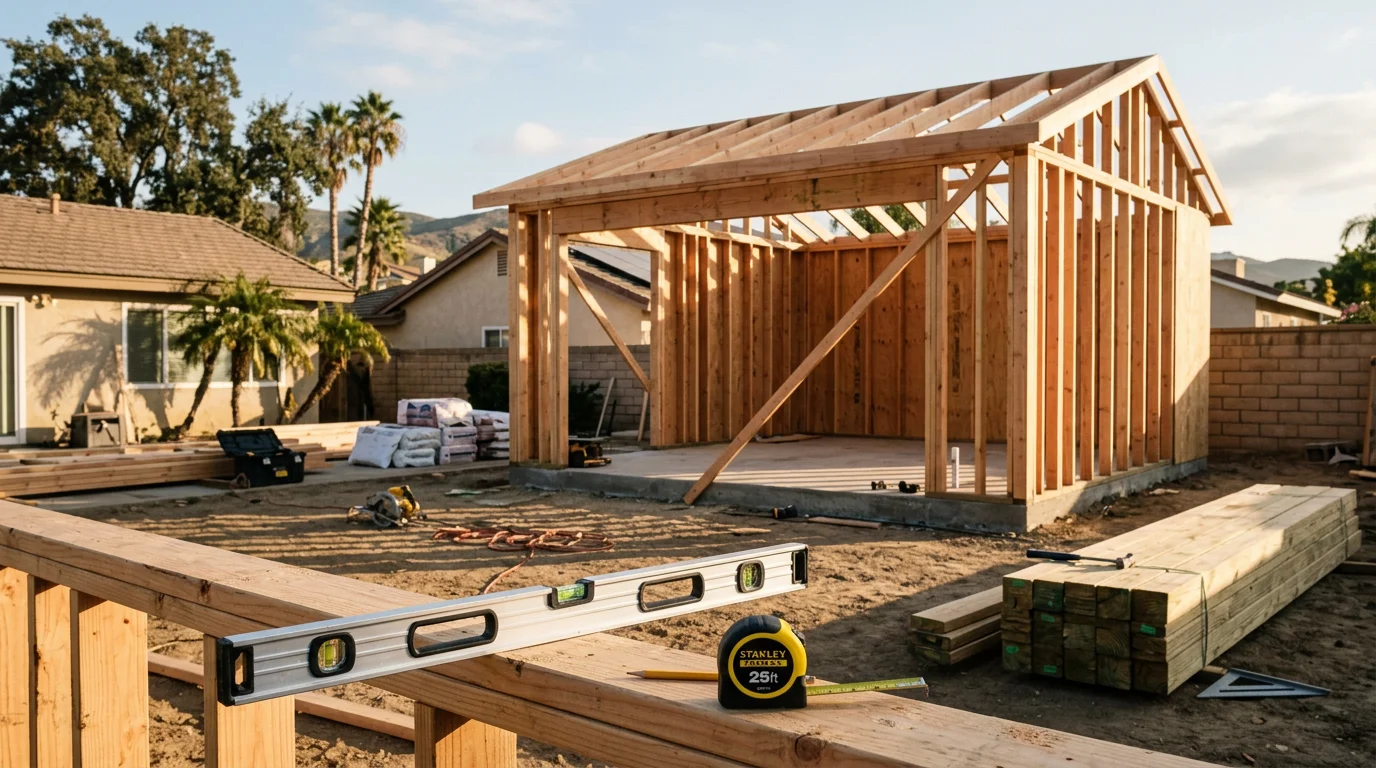 A newly completed detached ADU in a Corona, California backyard, showing a single-story structure with a private entrance and finished exterior. The unit sits on a residential lot typical of the Riverside County area.