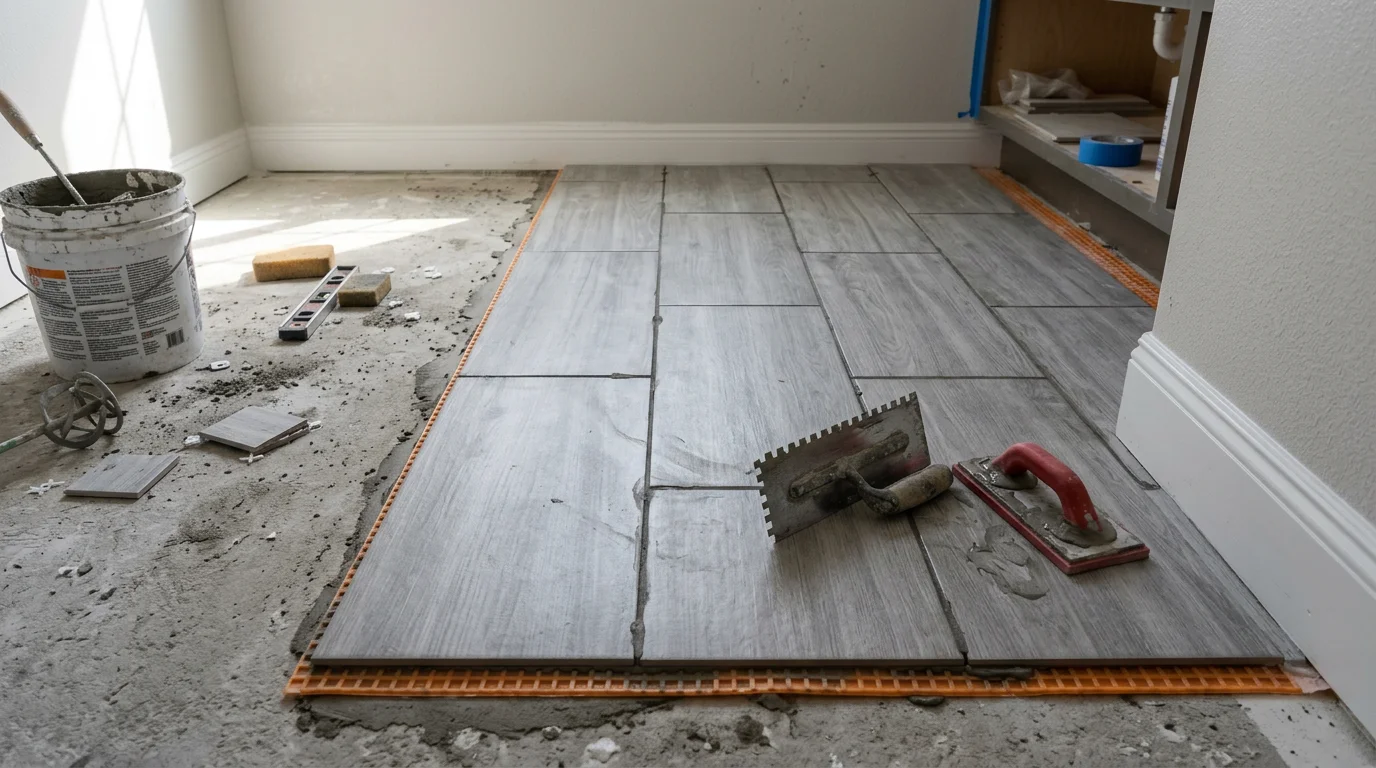 Newly installed waterproof bathroom floor with clean grout lines and precise cuts around a vanity base in a Corona, California home. The finished floor meets the wall edge evenly with no visible gaps or uneven transitions.