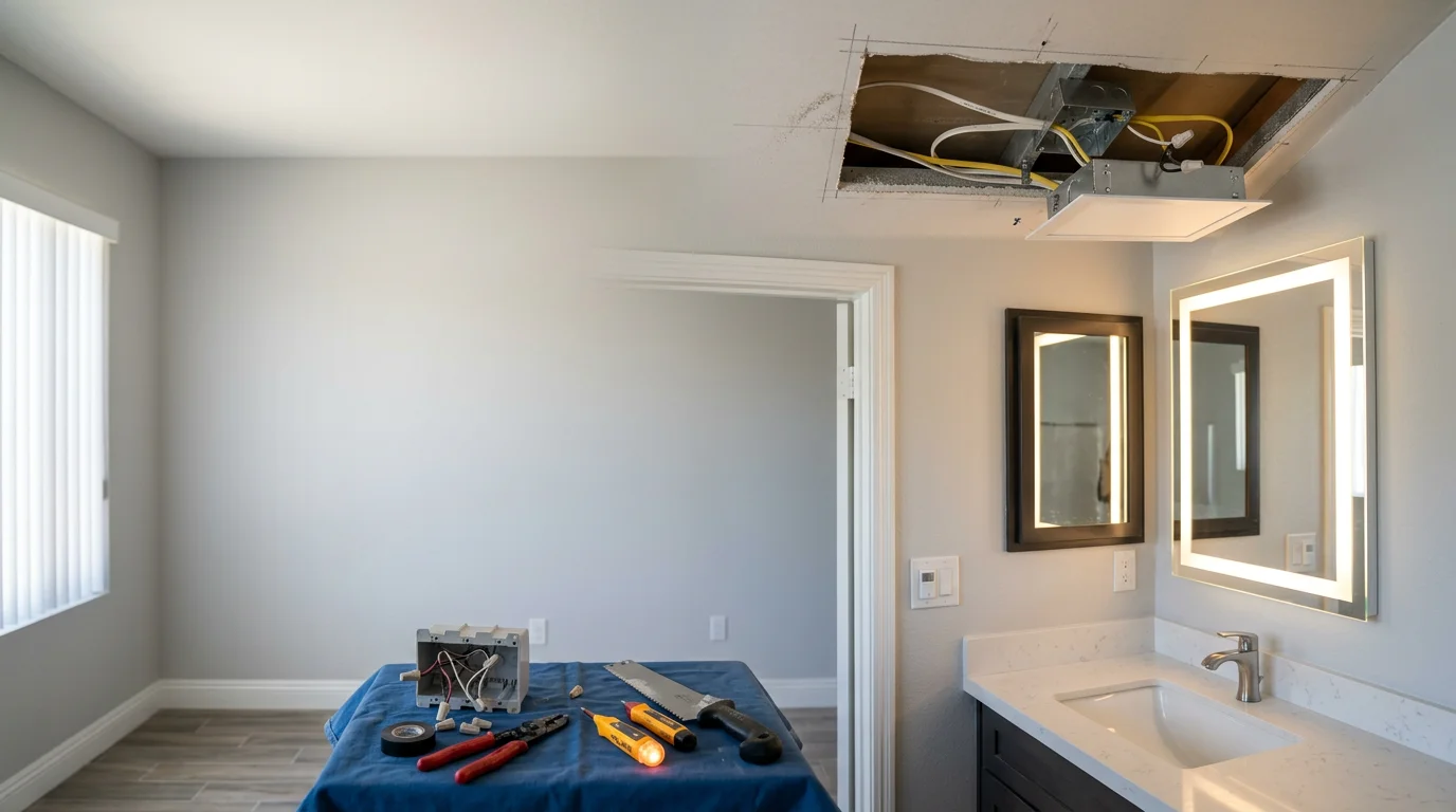 Newly installed recessed and vanity lighting in a remodeled bathroom in Corona, California. The fixtures are flush-mounted and evenly spaced, providing clear, shadow-free light above the mirror and throughout the room.