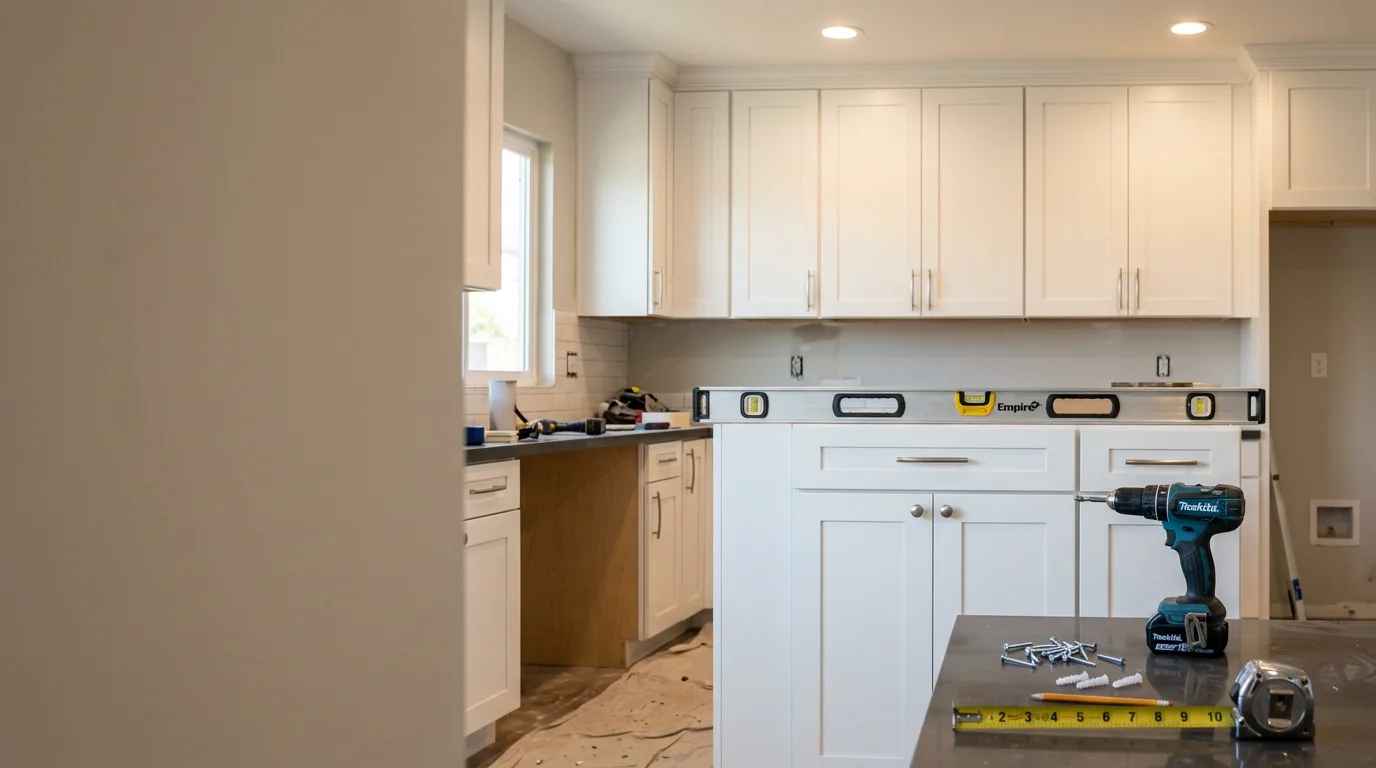 Newly installed kitchen cabinets in a Corona, California home, showing level base and upper units with clean seams and secure mounting. Cabinet installation completed by Killebrew Contracting LLC serving Riverside County and surrounding areas.