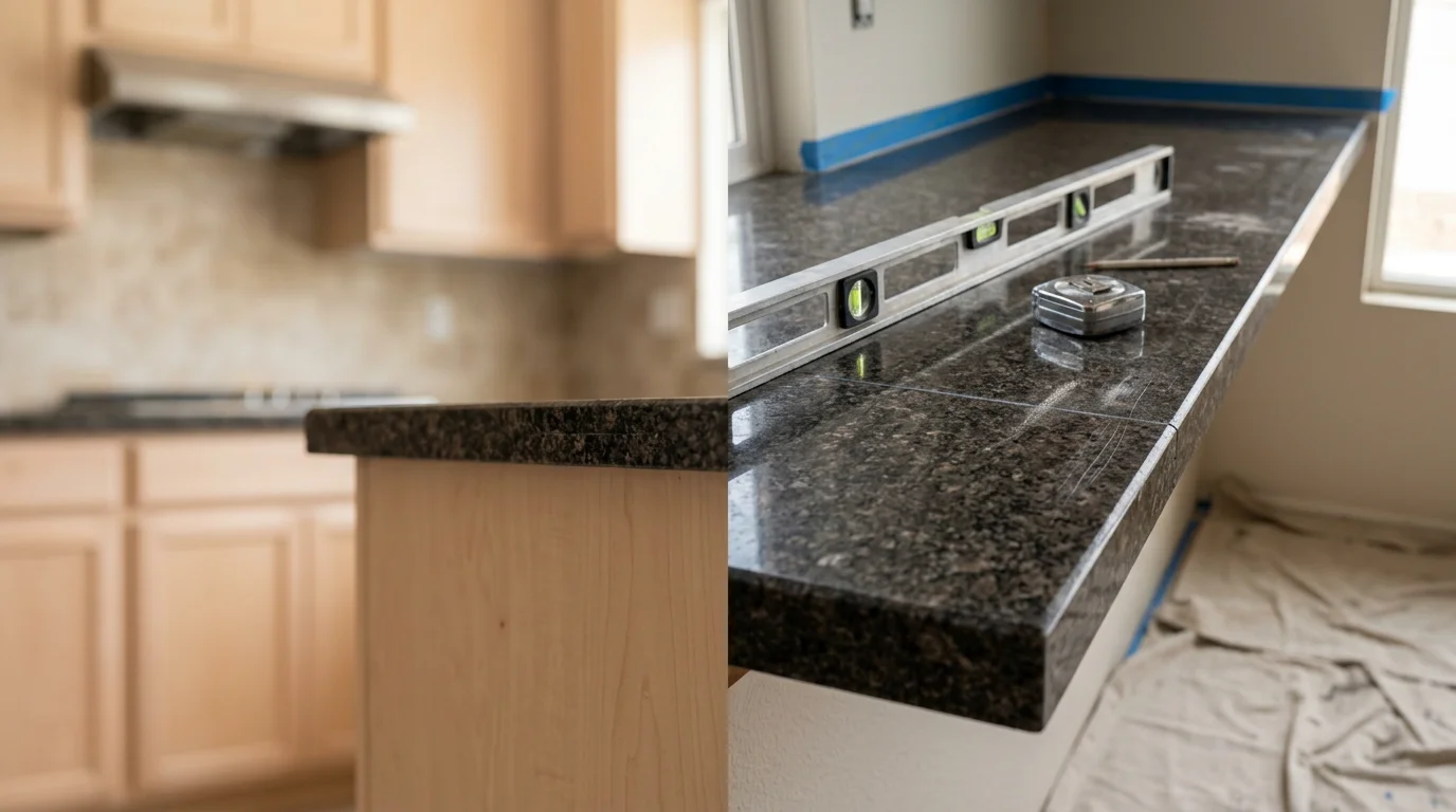 Freshly installed kitchen countertop in a Corona, California home showing clean seams, finished edges, and an open layout typical of Riverside County residential properties. The surface runs along a standard base cabinet run with an undermount sink cutout visible at center.