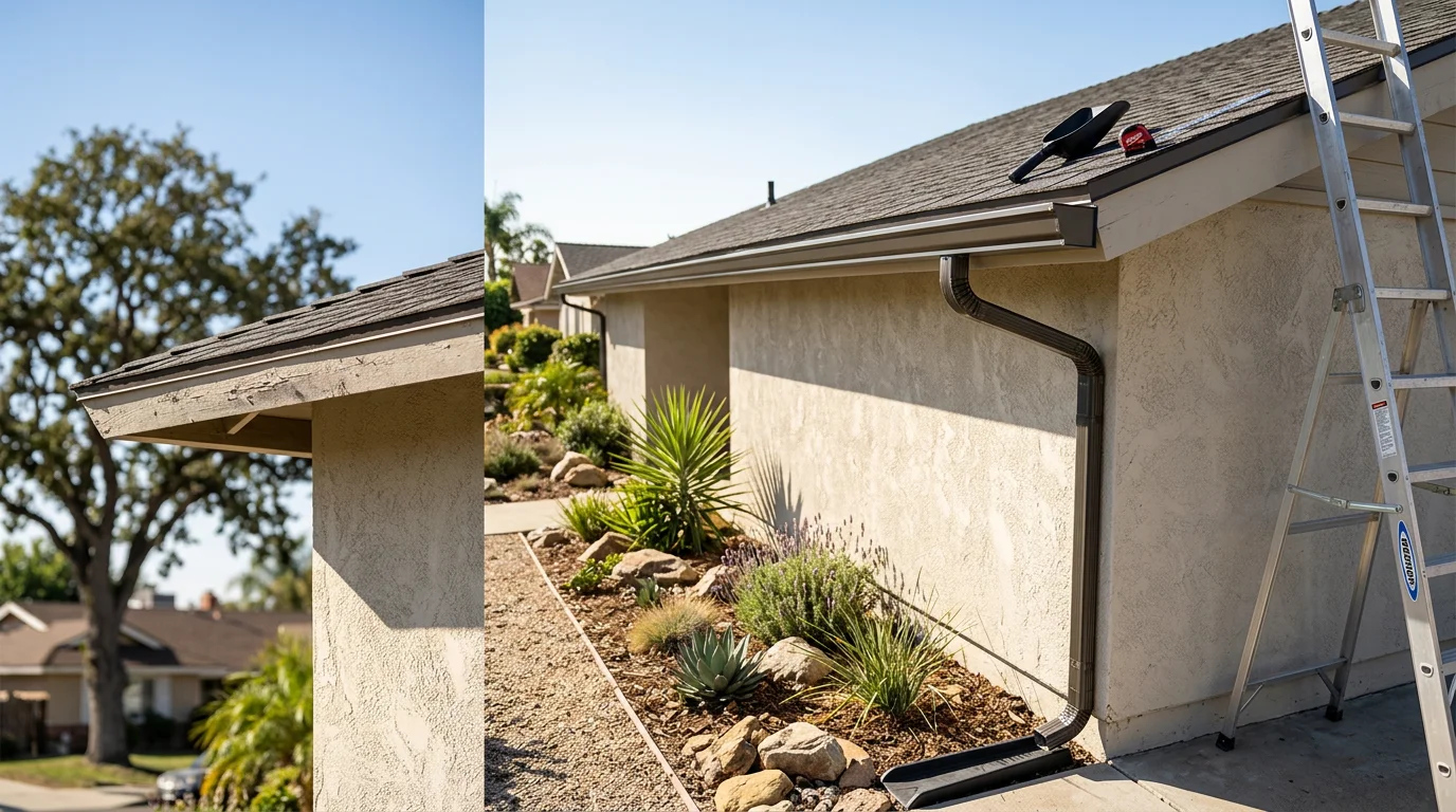 Newly installed gutters running along the roofline of a single-family home in Corona, California, with a downspout directing water away from the foundation. The fascia board is clean and the gutter system is flush and properly pitched toward the downspout.