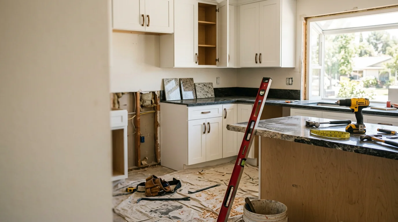 Remodeled open-concept kitchen and living area inside a single-family home in Corona, California. Updated cabinetry, modern finishes, and a reconfigured layout reflect a complete interior remodel by a local general contractor.