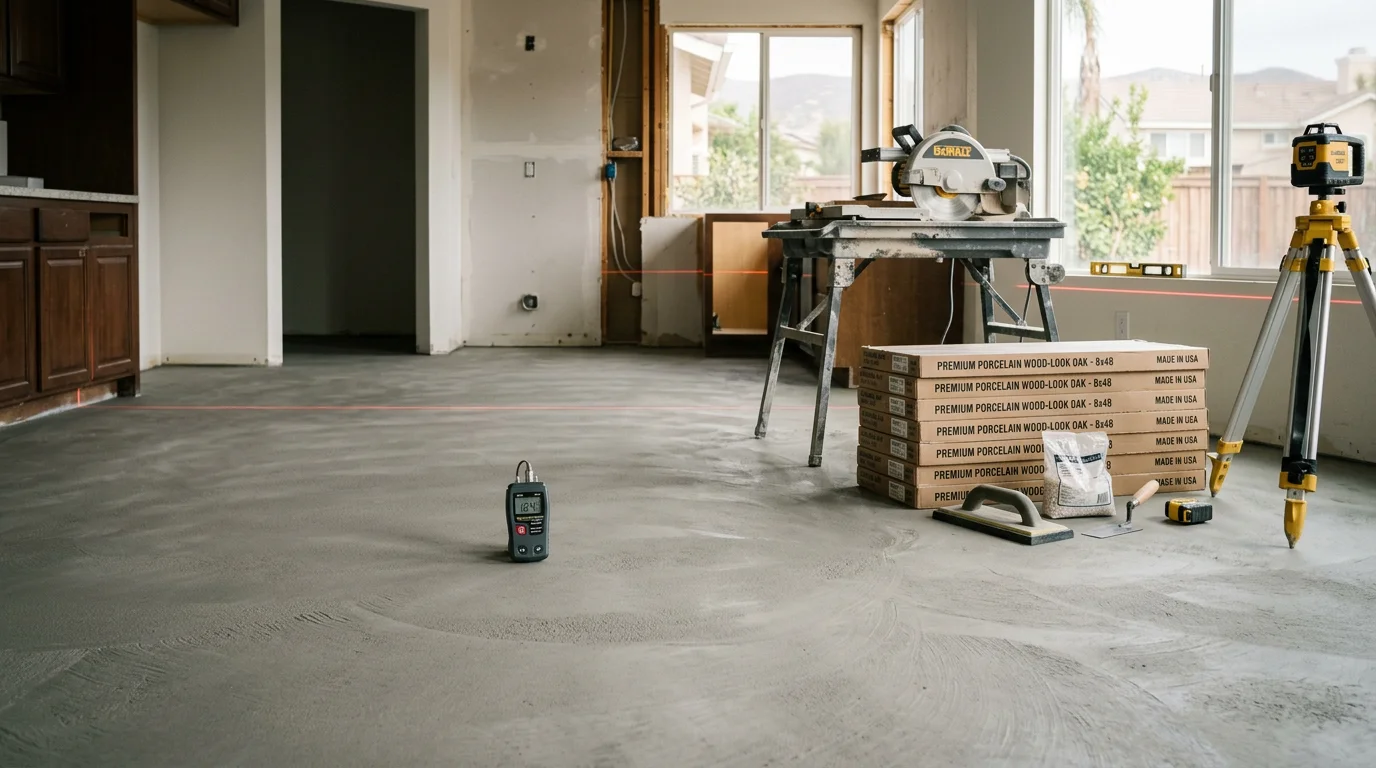 Newly installed kitchen flooring in a Corona, California home, showing a clean finished surface extending from the base of the cabinets to the kitchen entrance. The subfloor is fully covered with no visible gaps or transitions.