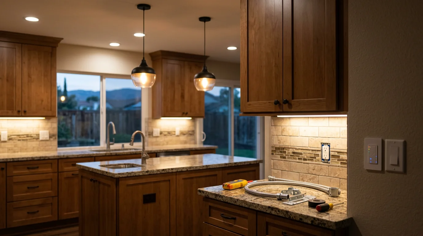 Newly installed recessed ceiling lights and under-cabinet lighting in a Corona, California kitchen, illuminating the countertops and island work surface. The layered lighting setup shows pendant fixtures over the island and even overhead coverage throughout the room.