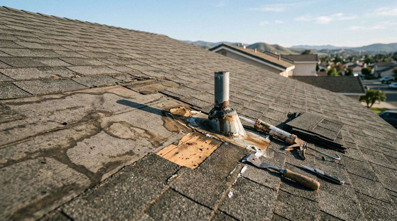 A roofing contractor inspecting and repairing cracked flashing around a roof vent on a residential home in Corona, California. Close-up view of the repaired roof penetration with surrounding shingles showing signs of sun and weather exposure typical of the Inland Southern California climate.