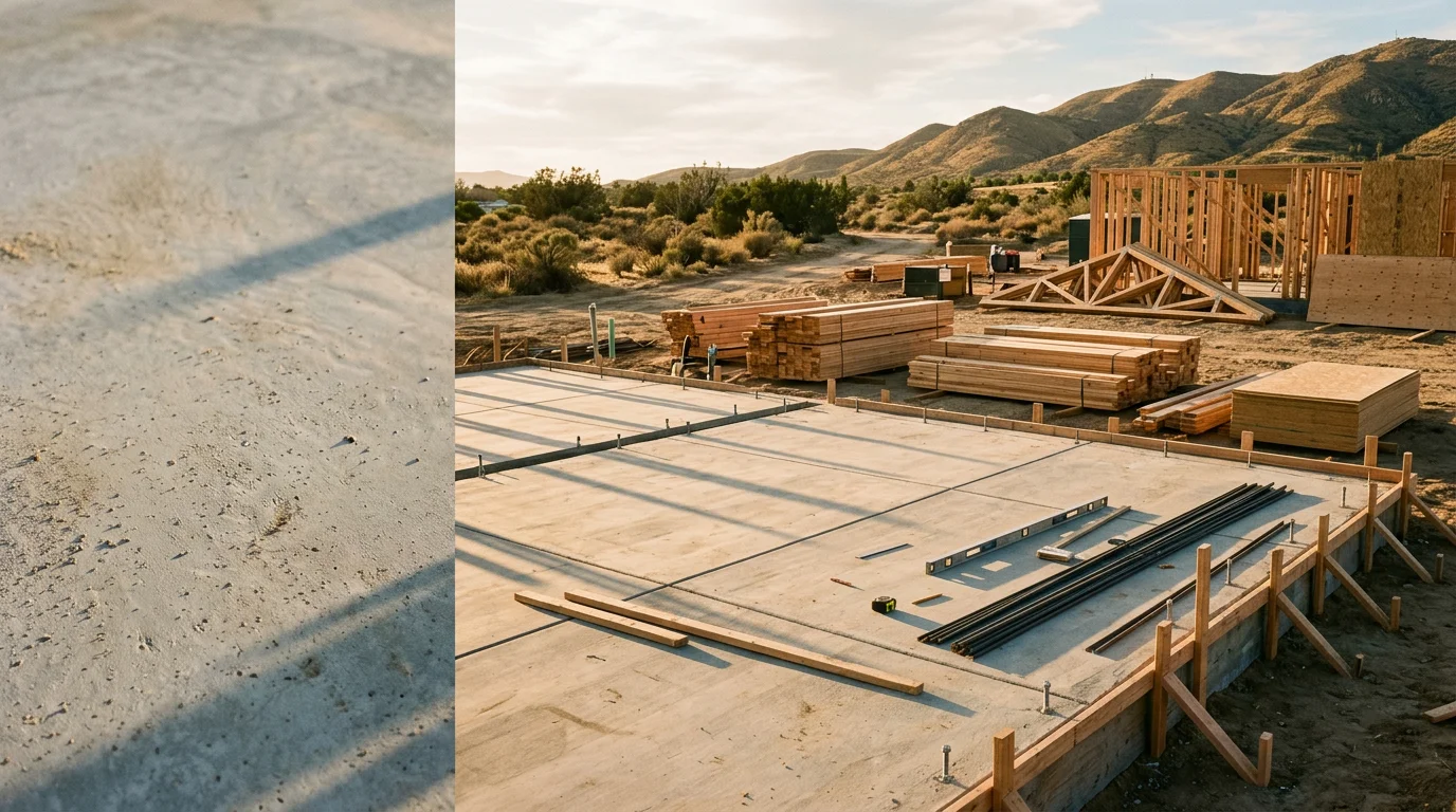 A newly framed single-family home under construction on a residential lot in Corona, California, with wood framing and roof trusses visible against a clear Riverside County sky. A general contractor reviews plans on site during the framing phase of a new construction build.