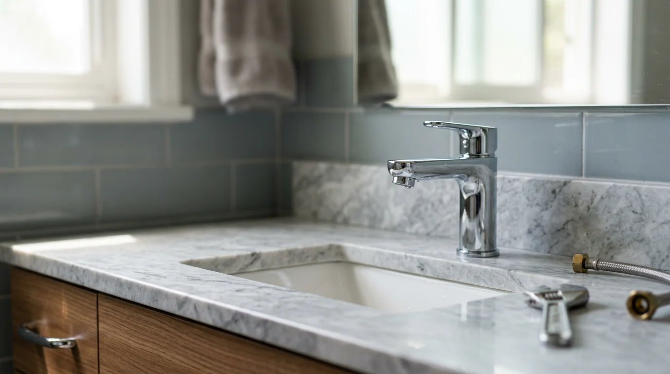A newly installed bathroom vanity faucet and undermount sink inside a Corona, California home, with clean supply line connections visible beneath the cabinet. The finished installation shows level hardware and tight seals typical of a professional plumbing fixture replacement.