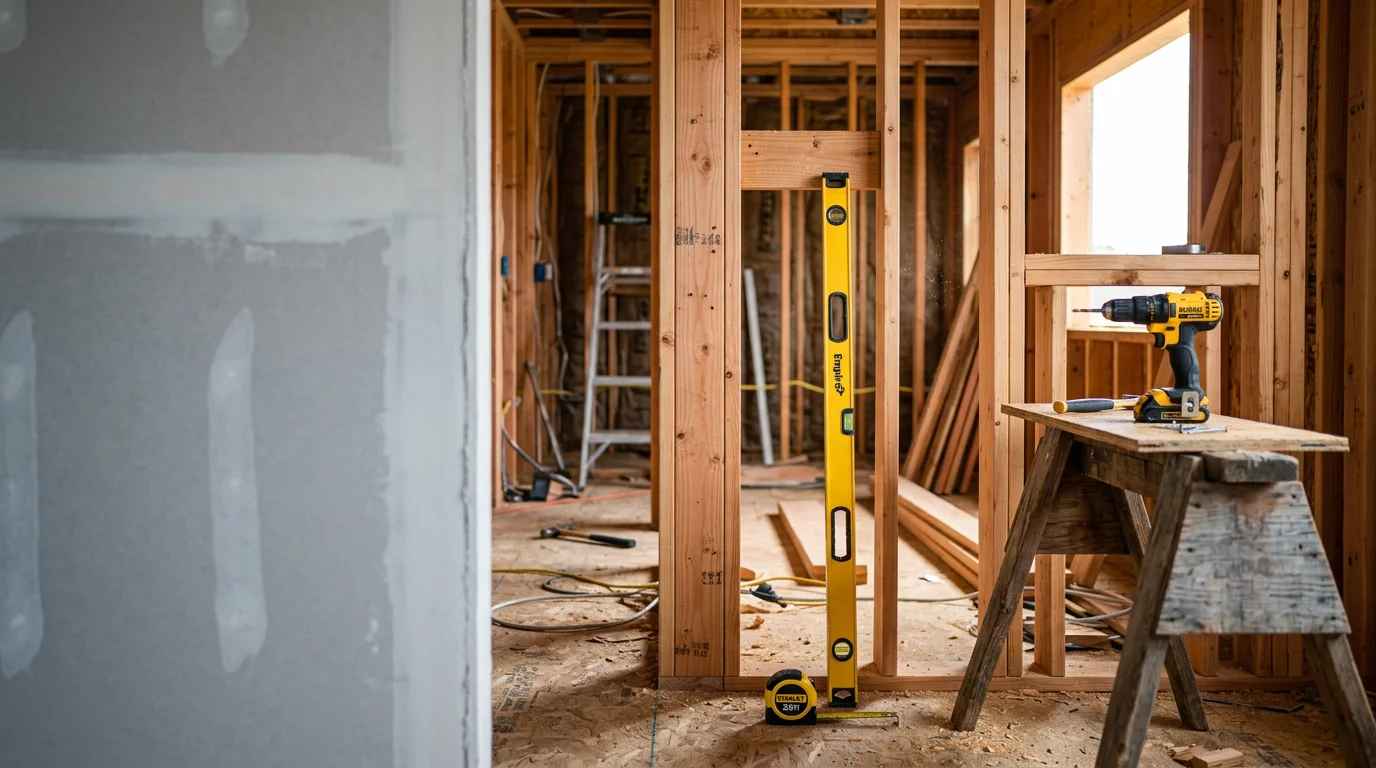 A residential construction project in Corona, California showing a framed single-family home structure with wood framing and an open blue sky in the background. A general contractor reviews the build on a large-lot property typical of the Riverside County area.