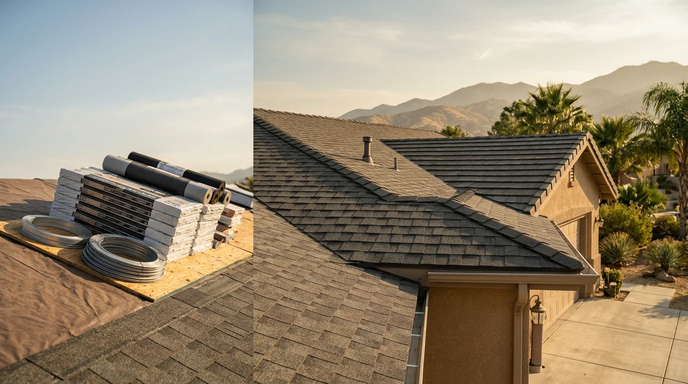 A completed residential roof installation on a single-story home in Corona, California, showing a clean roofline against a clear Inland Empire sky. The finished roof reflects the structured, detail-focused workmanship Killebrew Contracting LLC brings to every installation across Riverside County.
