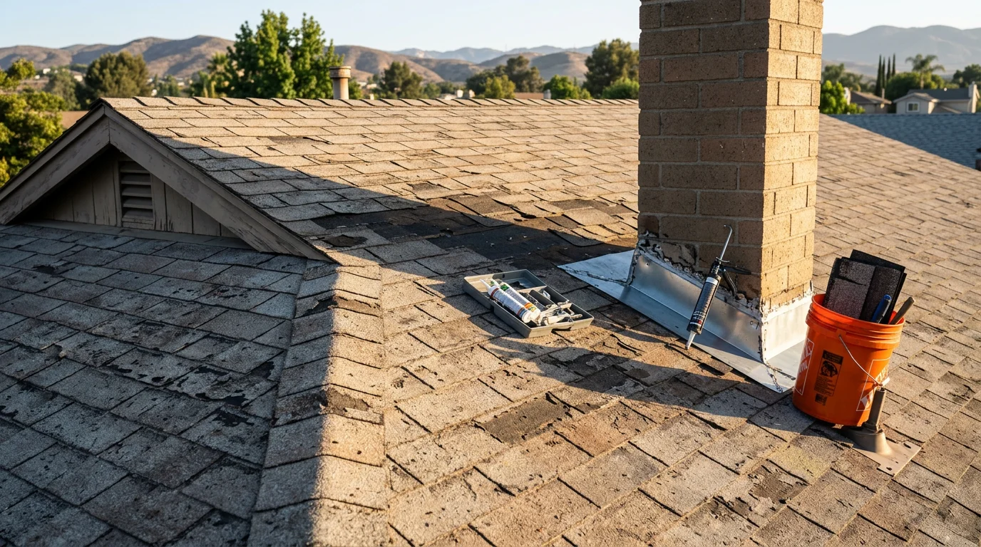A repaired residential roof in Corona, California showing replaced shingles and resealed flashing around a chimney. The home sits in a typical Inland Empire neighborhood under clear Southern California skies.