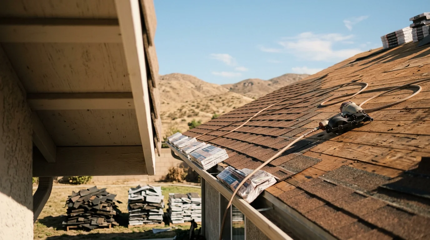 Completed roof replacement on a single-family home in Corona, California, showing new roofing installed across a tile-style residential roof with the Inland Empire hillside visible in the background. A Killebrew Contracting LLC crew member conducts a final walkthrough inspection on the finished surface.