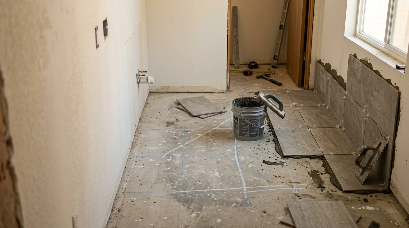 Freshly installed wall and floor tile in a bathroom remodel completed by Killebrew Contracting LLC in Corona, California. Clean grout lines and a fully tiled shower surround show the finished result of a professional tile installation.